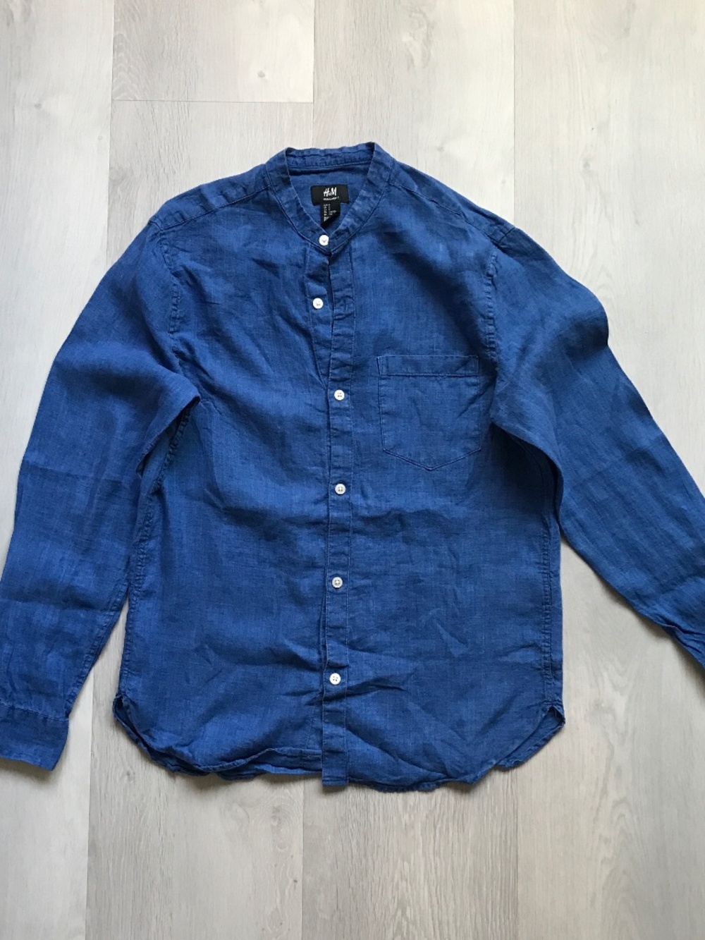 H&M LINEN SHIRT BLUE LONG SLEEVE COLLARLESS BUTTON MENS SMALL